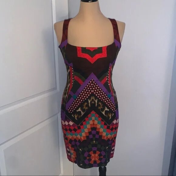 Just CavalliRed Abstract Quilt Mix Print Art to Wear Cocktail dress, IT SZ 46